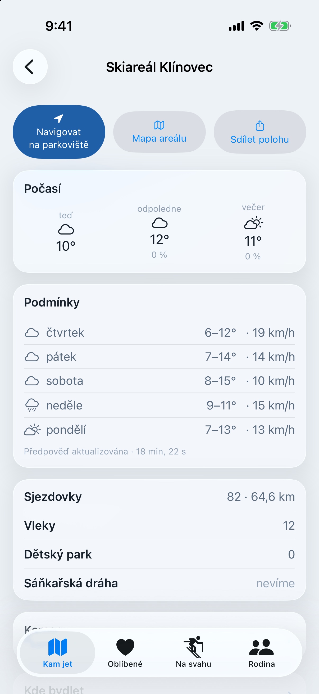 Detail Klínovce s navigací a pětidenní předpovědí