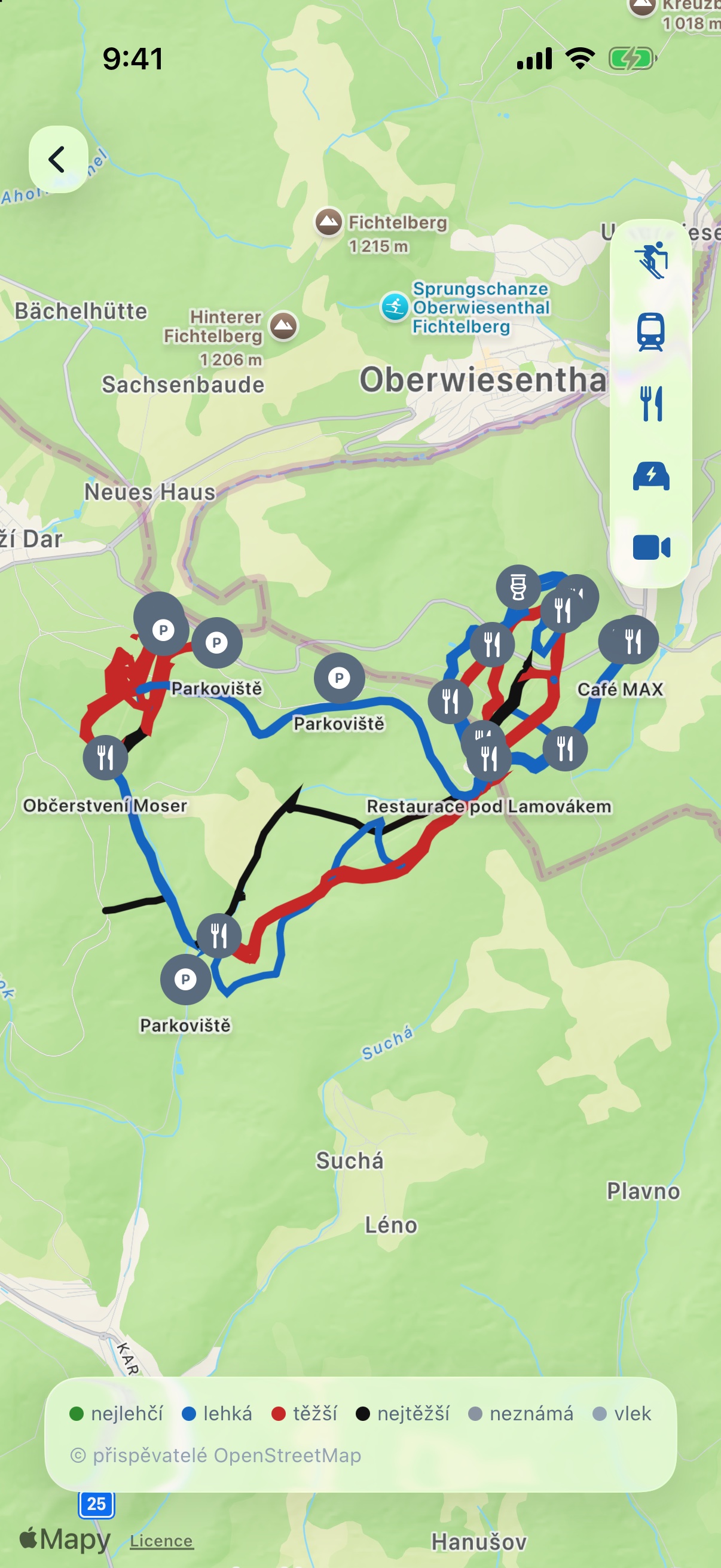 Interaktivní mapa Klínovce se sjezdovkami, vleky, parkovišti a restauracemi
